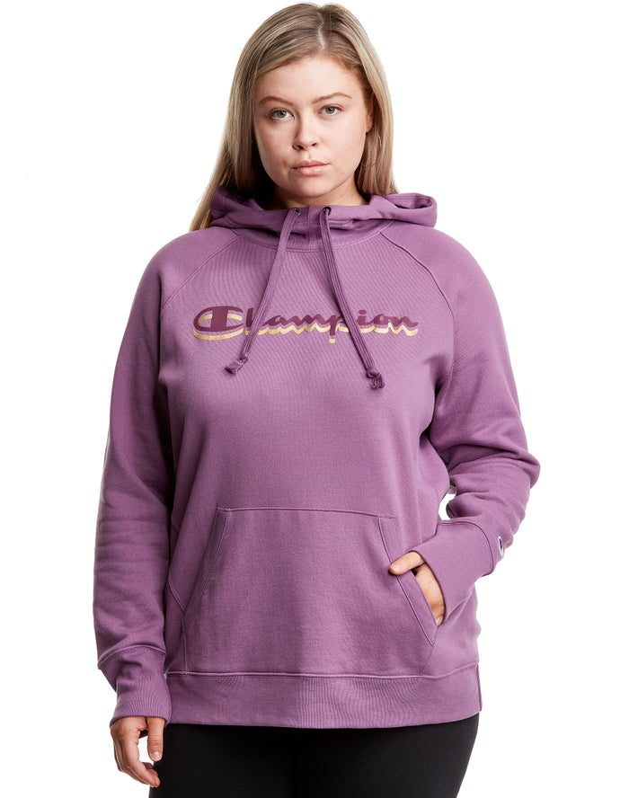 Champion Womens Hoodie NZ - Plus Powerblend Fleece Drop Shadow Foil Script Logo Pink ( 4613-NSZAY )